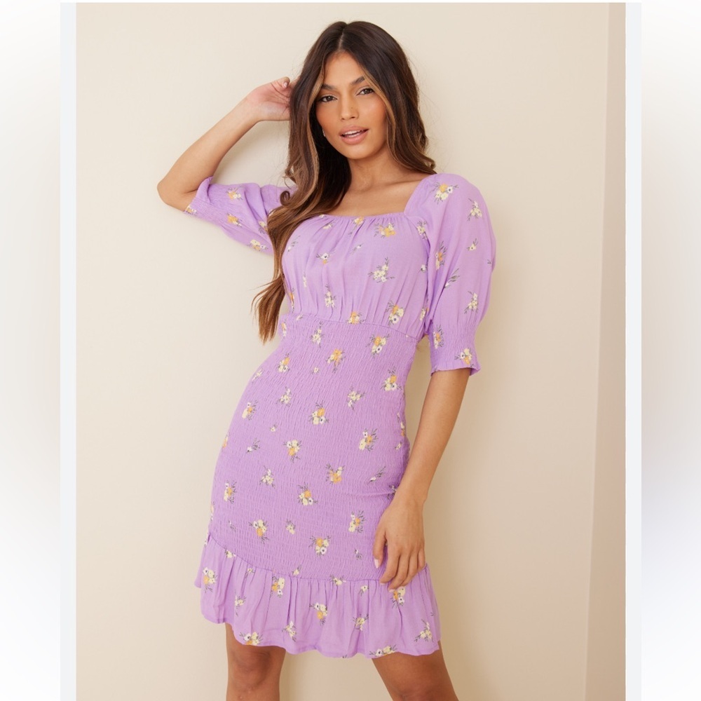 Pieces lavender floral smocked mini dress size medium NWT